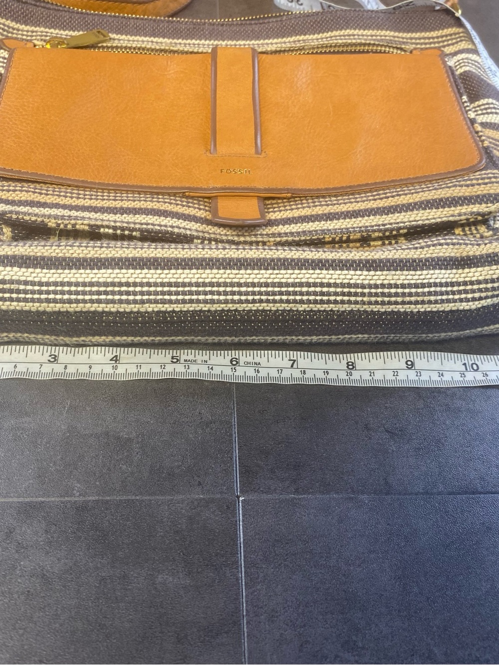 Fossil Kinley Bohemian Brown & BlueGrey Striped Canvas Crossbody Bag w/key charm - Picture 4 of 9